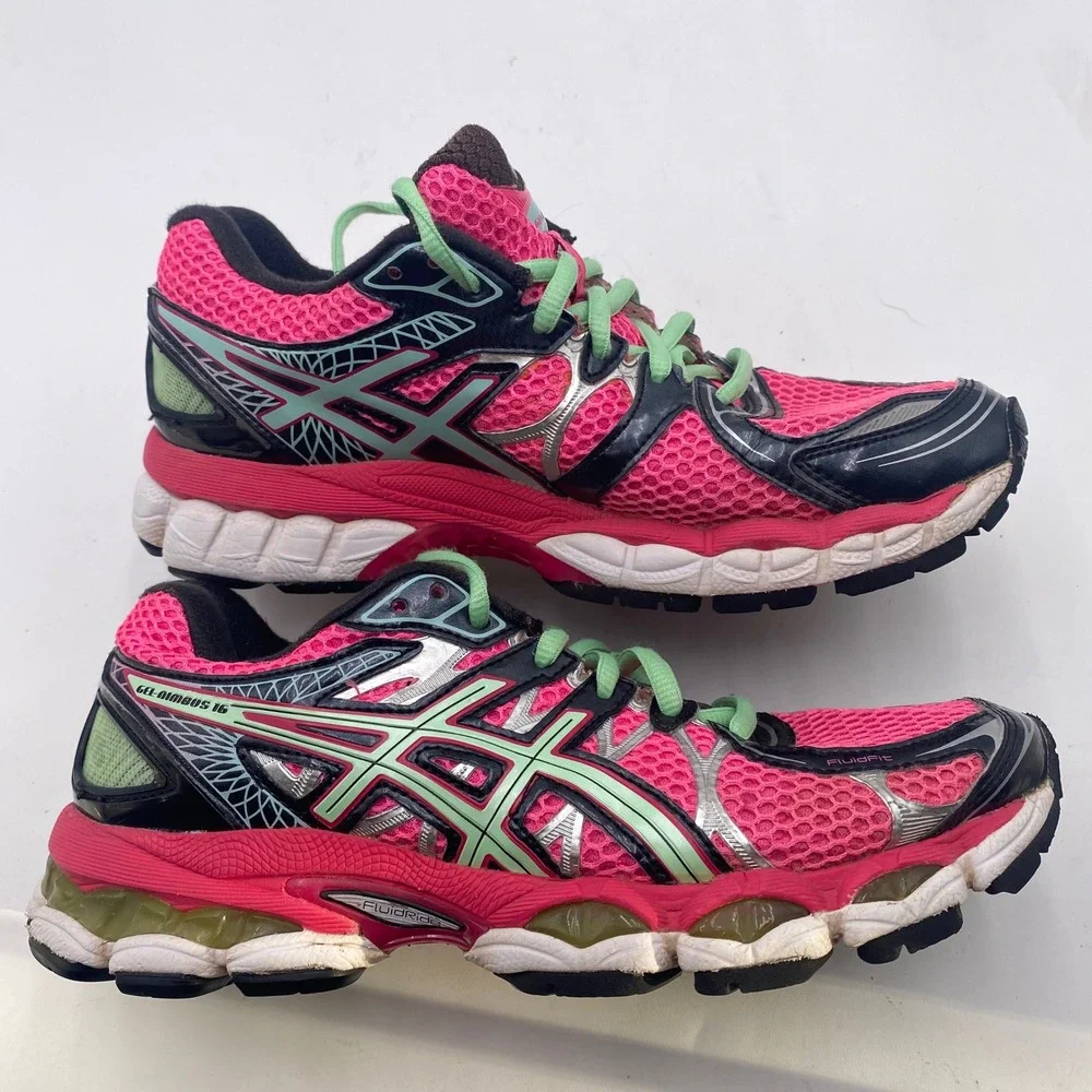 ASICS Gel-Nimbus 16 Running Shoes Womens 6.5 Pink Black Mint T485N GEL Cushioned